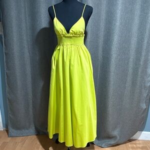 Zara Neon Lime Smocked Waist Midi Dress
